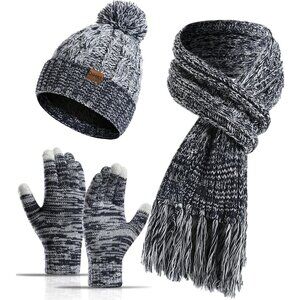 Women's Deep Blue Winter Warm Skull Caps Knit Gloves Beanie Neck Scarves 3 Set